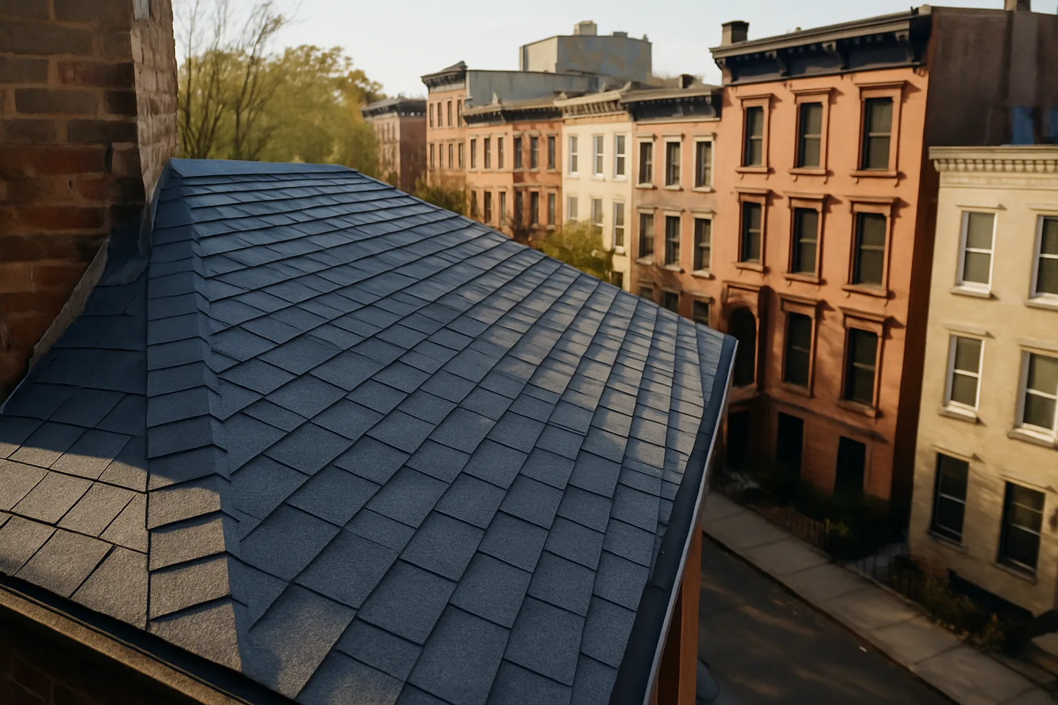 Finished roof replacement on a Brooklyn brownstone