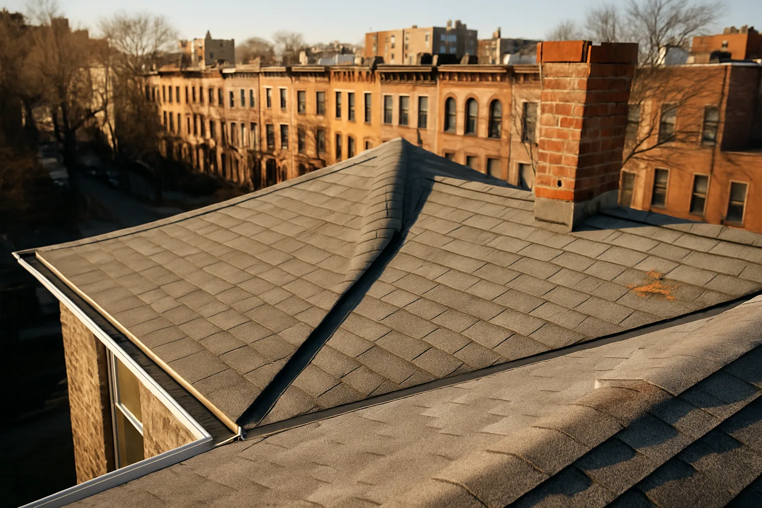 Repaired roof section with clean gutters and sealed valleys
